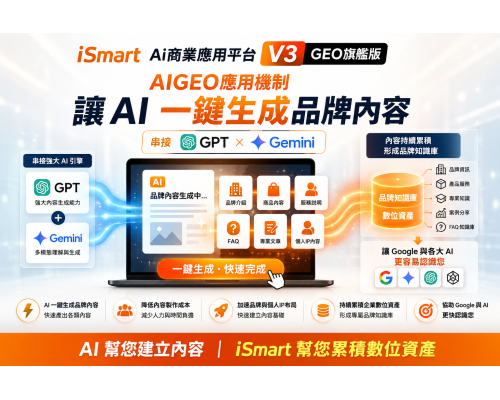 iSmart Ai商業應用平台 V3 AiGEO旗艦版 讓Ai一鍵生成品牌內容,再反饋給Ai資料 iSmart Ai商業應用平台 V3 AiGEO旗艦版 讓Ai一鍵生成品牌內容,再反饋給Ai資料